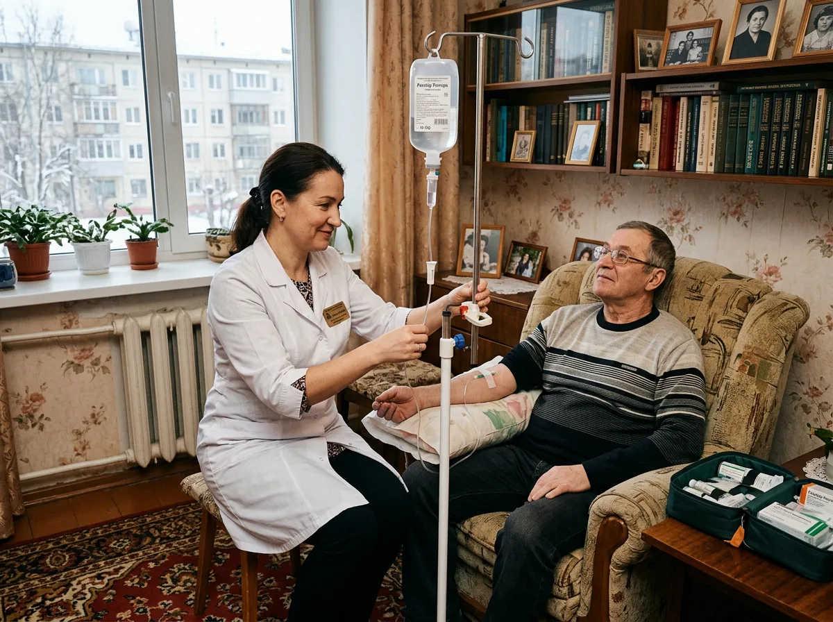 Нарколог в белом халате ставит капельницу пациенту дома в Екатеринбурге — уютная обстановка, медицинское оборудование, доверительная атмосфера
