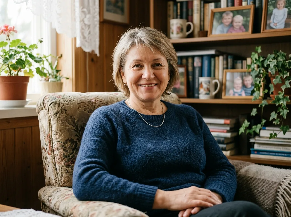 Портрет женщины средних лет Ольги, 52 года, домашняя обстановка, добрый вид